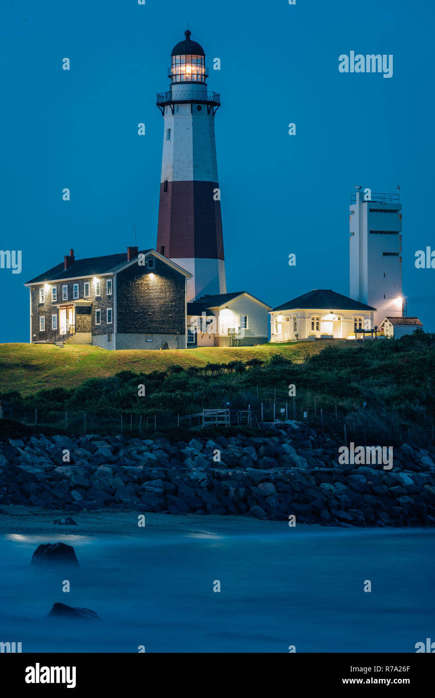 Montauk Lighthouse, at night, Montauk Point State Park, New York Stock