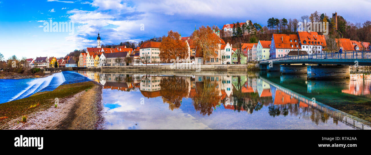 Beautiful Landsberg am Lech village,view with colrful houses and river,Bavaria,Germany. Stock Photo