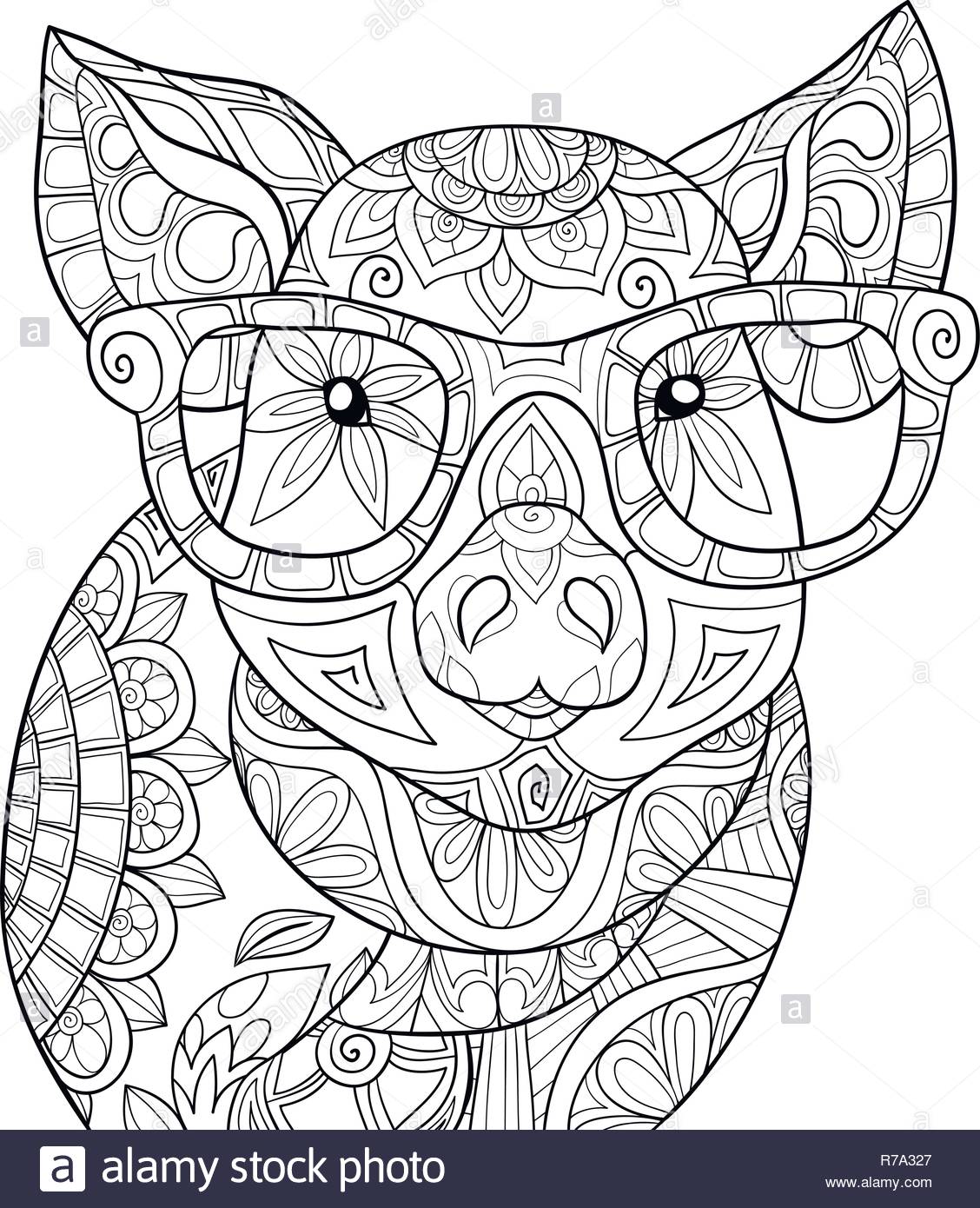 A cute pig wearing glasses image for adults.A coloring book,page for ...