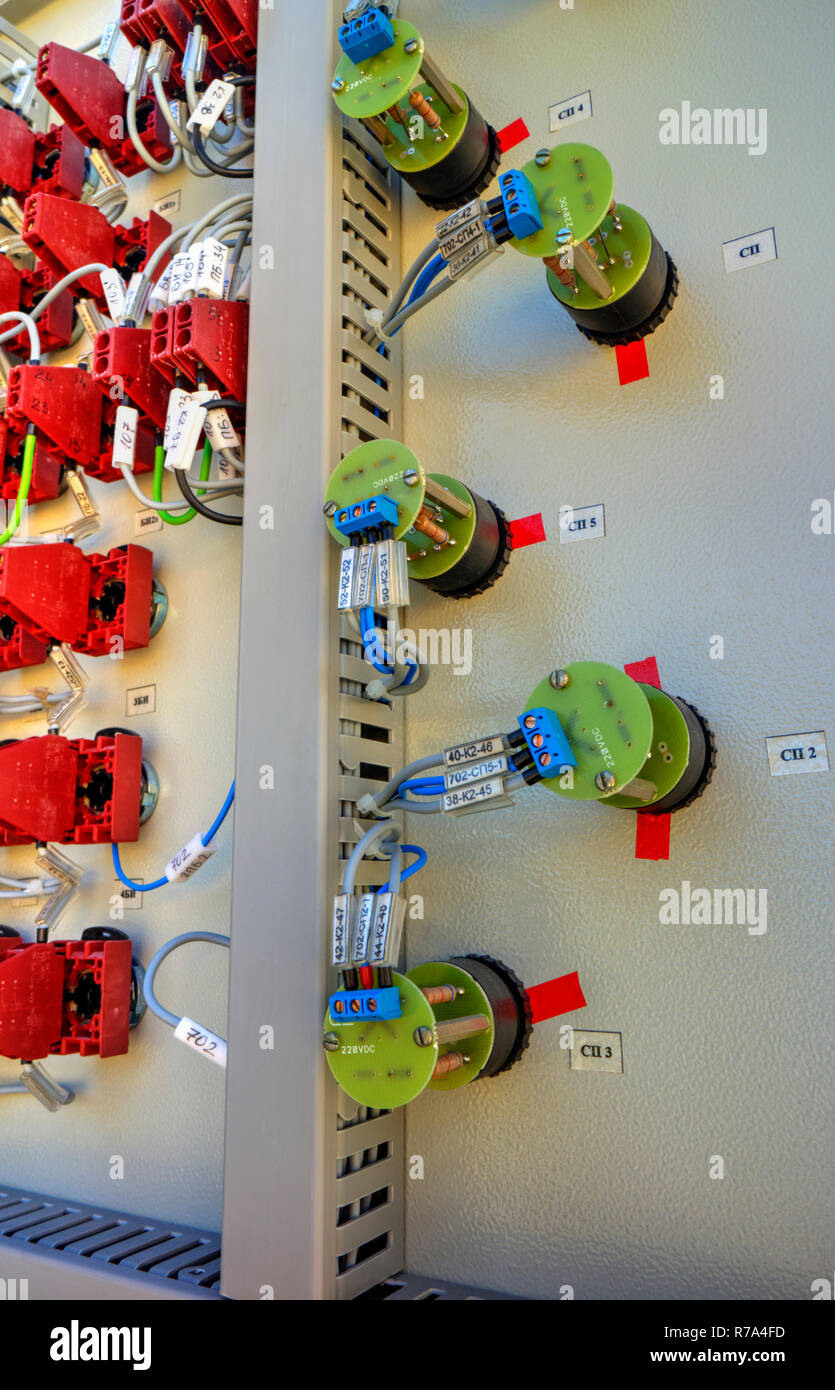 Control panel with electrical switches closeup Stock Photo
