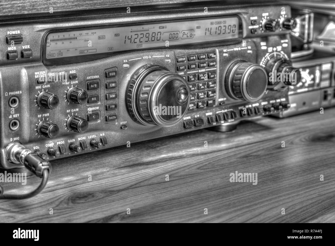 Modern high frequency radio amateur transceiver in black and white