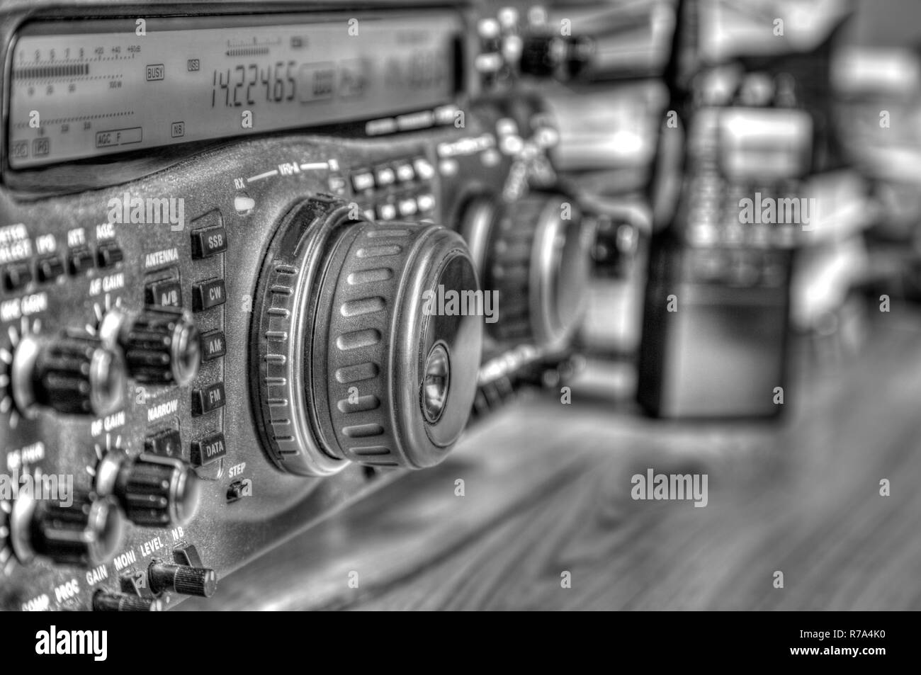 Modern high frequency radio amateur transceiver in black and white