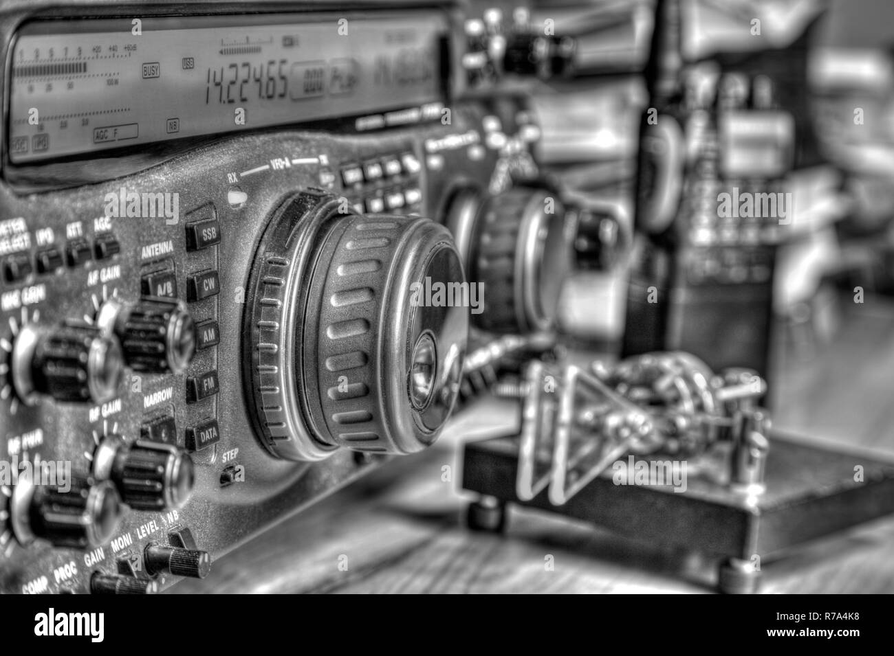 Modern high frequency radio amateur transceiver in black and white