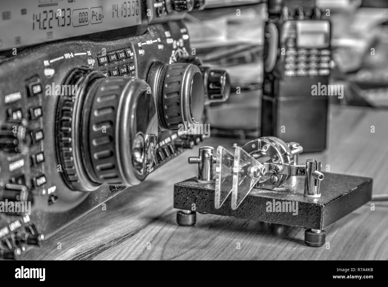 Modern high frequency radio amateur transceiver in black and white