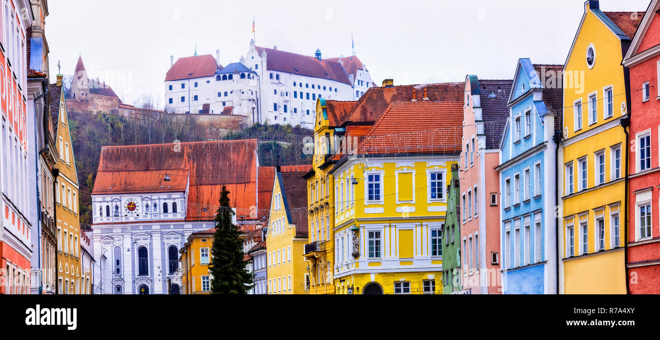 Traditional colorful castle and Trausnitz old castle in Landshut town,Bavaria,Germany. Stock Photo