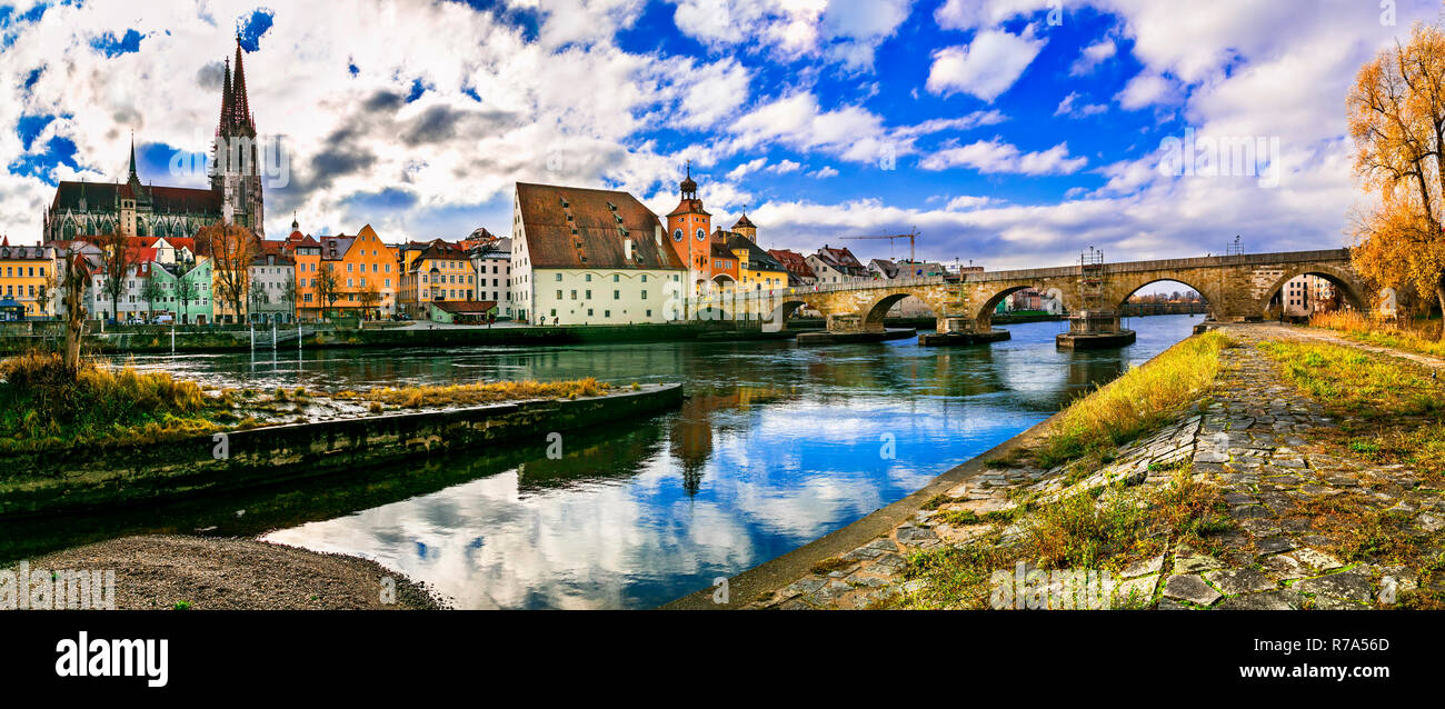 Impressive Regensburg town,panoramic view,Bavaria,Germany. Stock Photo