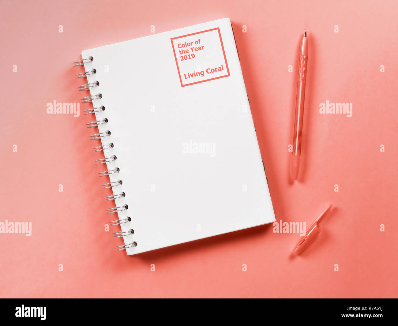 Color of year 2019 Living Coral concept. Blank note paper with pen on pliving coral color background. Top view or flat lay. Copy space for text. Vertical. Stock Photo