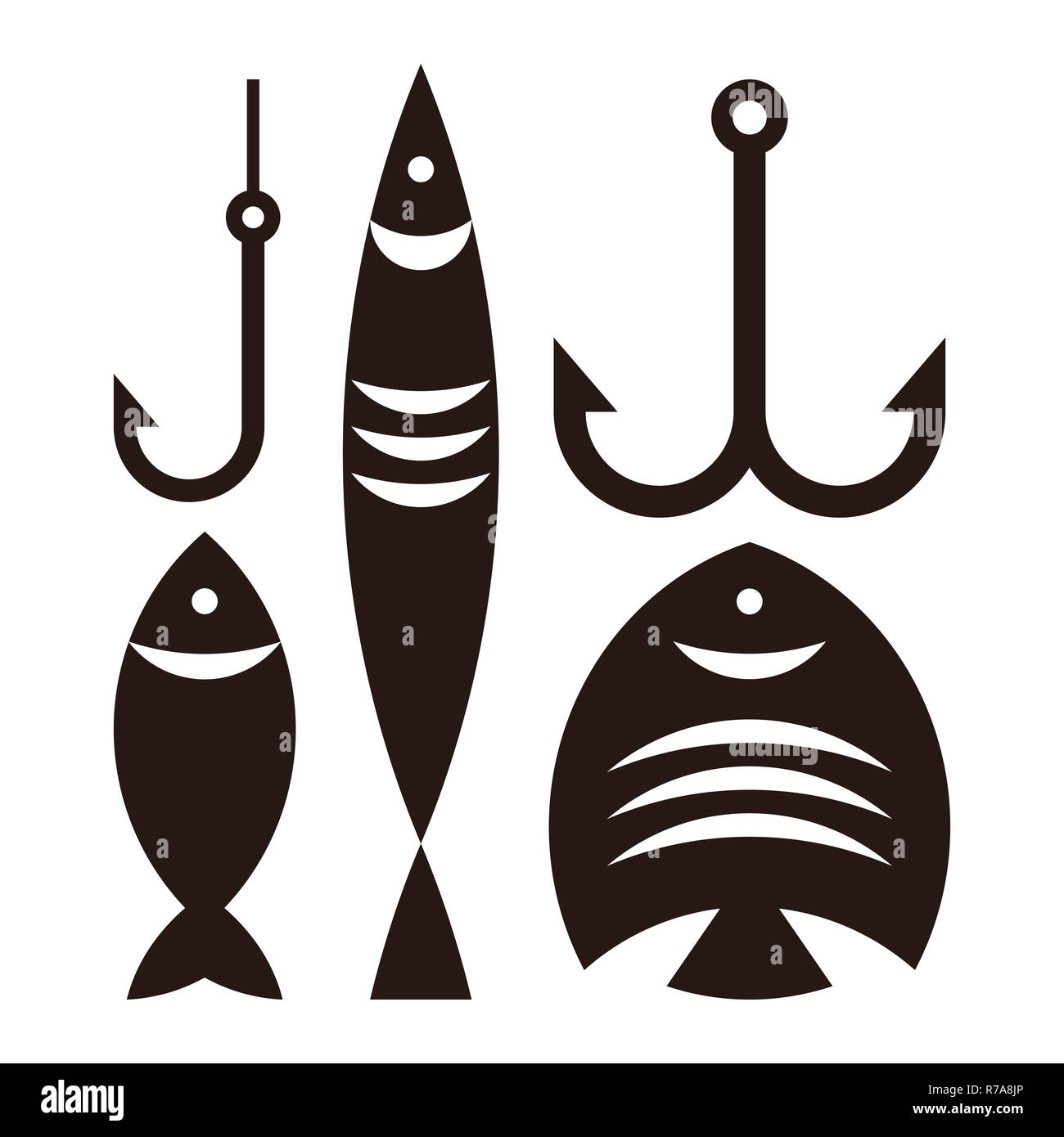 Fishing hooks and fishes. Fishing symbol isolated on white background Stock Photo