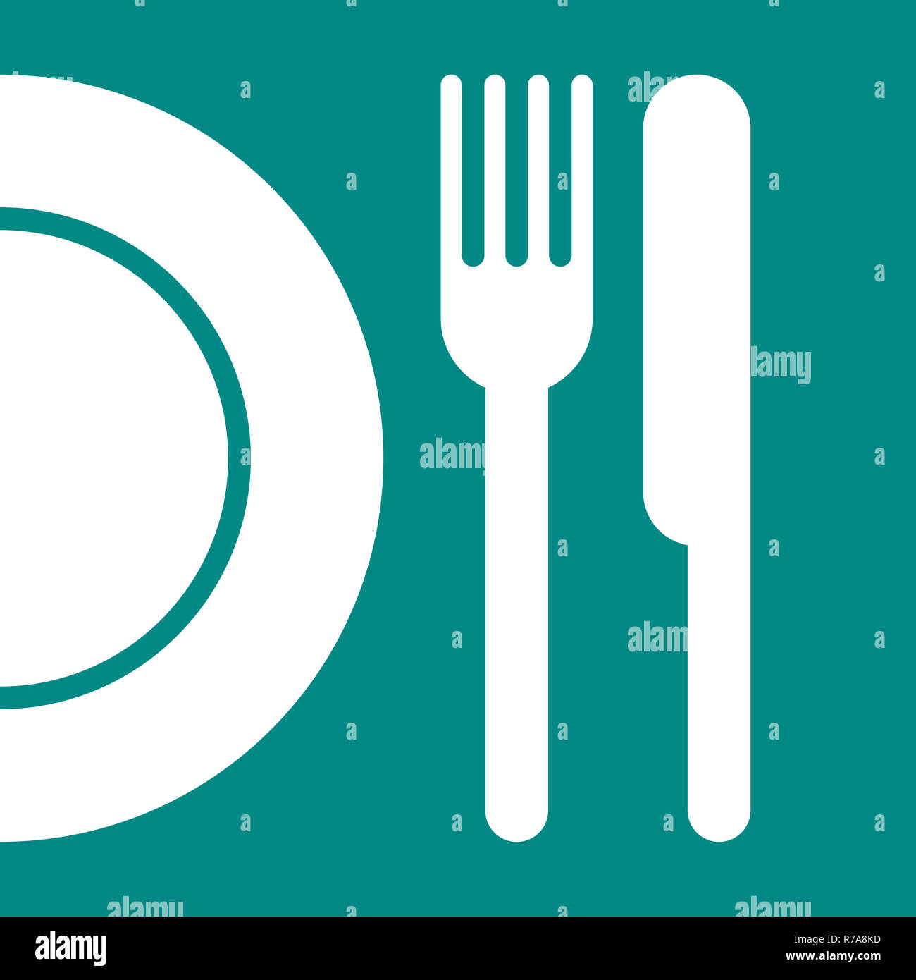 Plate, knife and fork sign on blue background Stock Photo