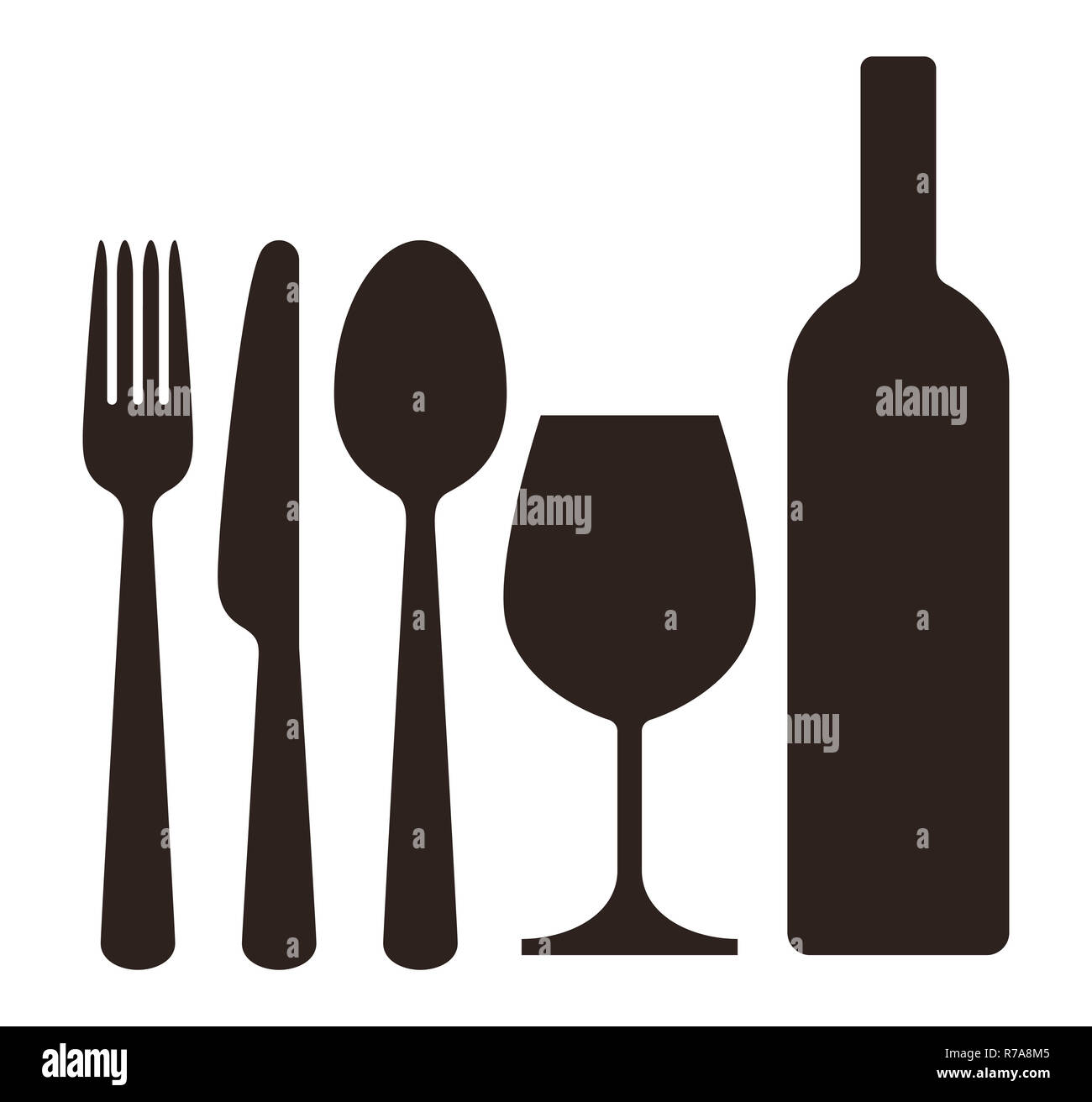 Bottle, wineglass, knife, fork and spoon isolated on white background Stock Photo Alamy