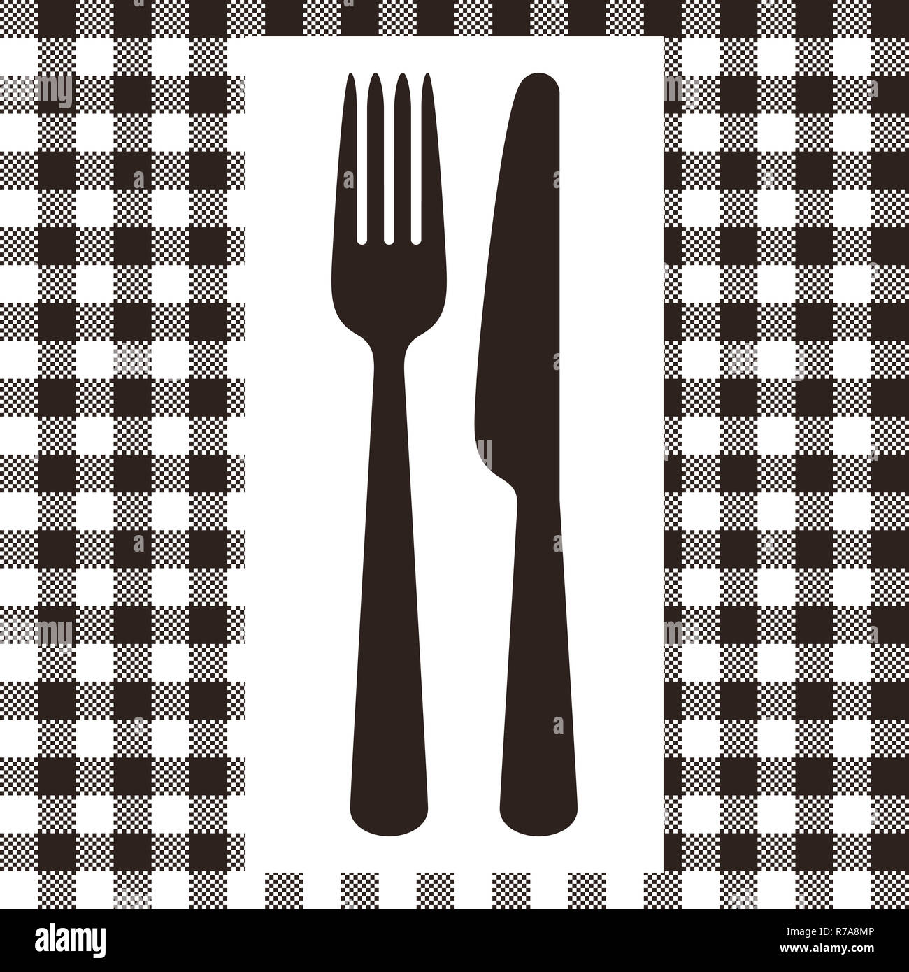 Fork, knife and tablecloth pattern in black and white Stock Photo