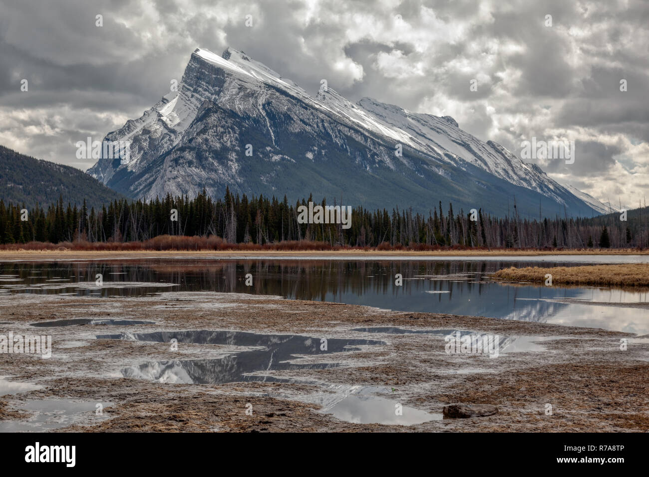 Mt Rundle Snow Mount Rundle and Vermilion Lakes with snow capped and reflection in ...