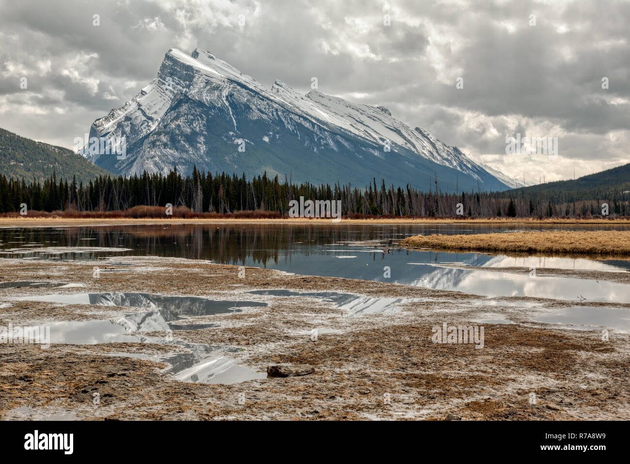Mt Rundle Snow Mount Rundle and Vermilion Lakes with snow capped and reflection in ...