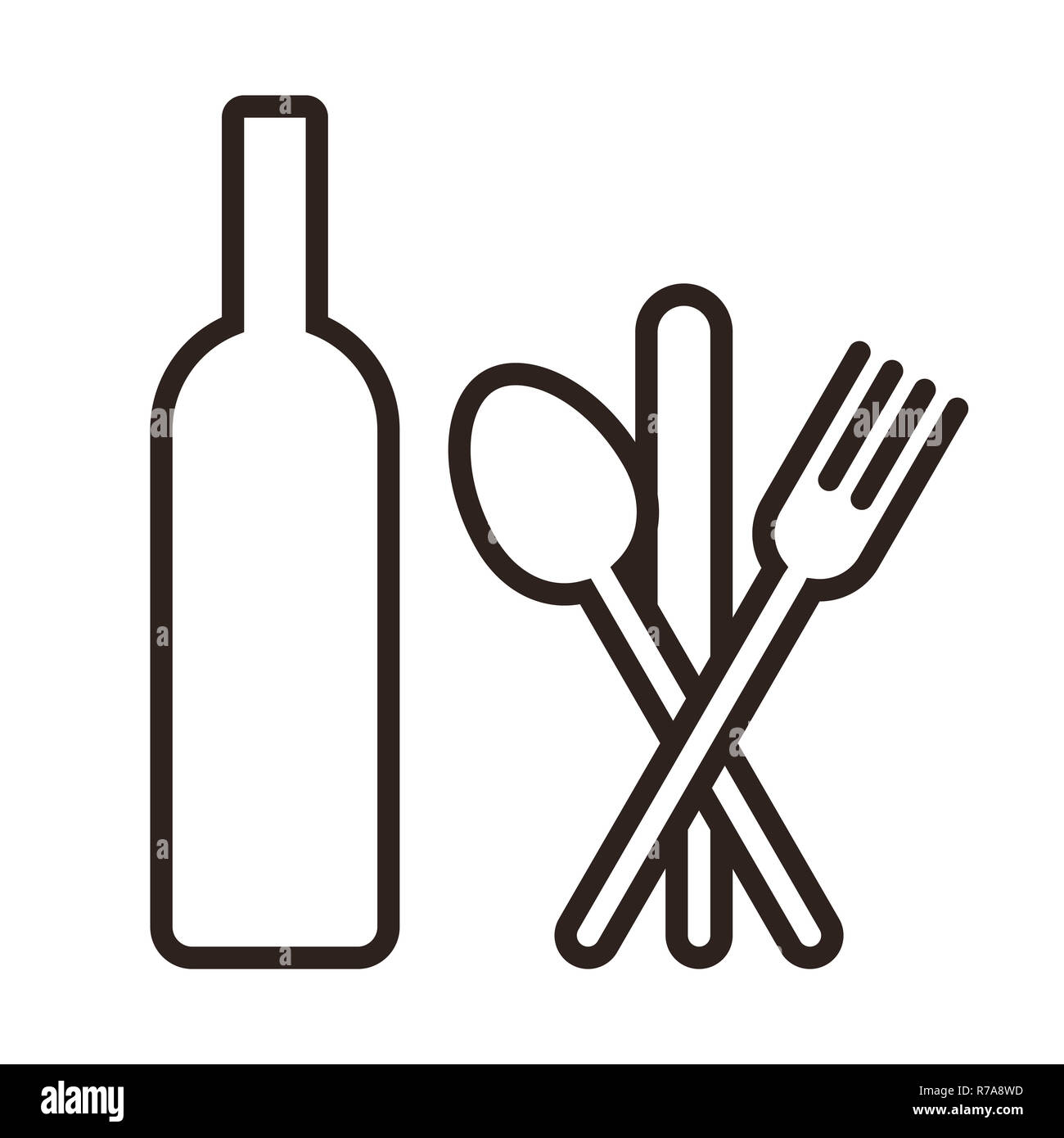 Bottle, knife, spoon and fork isolated on white background Stock Photo