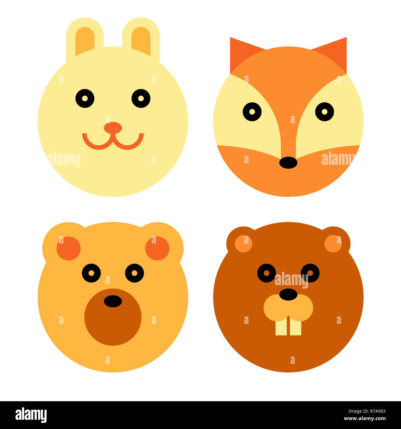 Forest Animal Set. Rabbit, Fox, Bear and Beaver Cartoon Animal Head Stock Photo