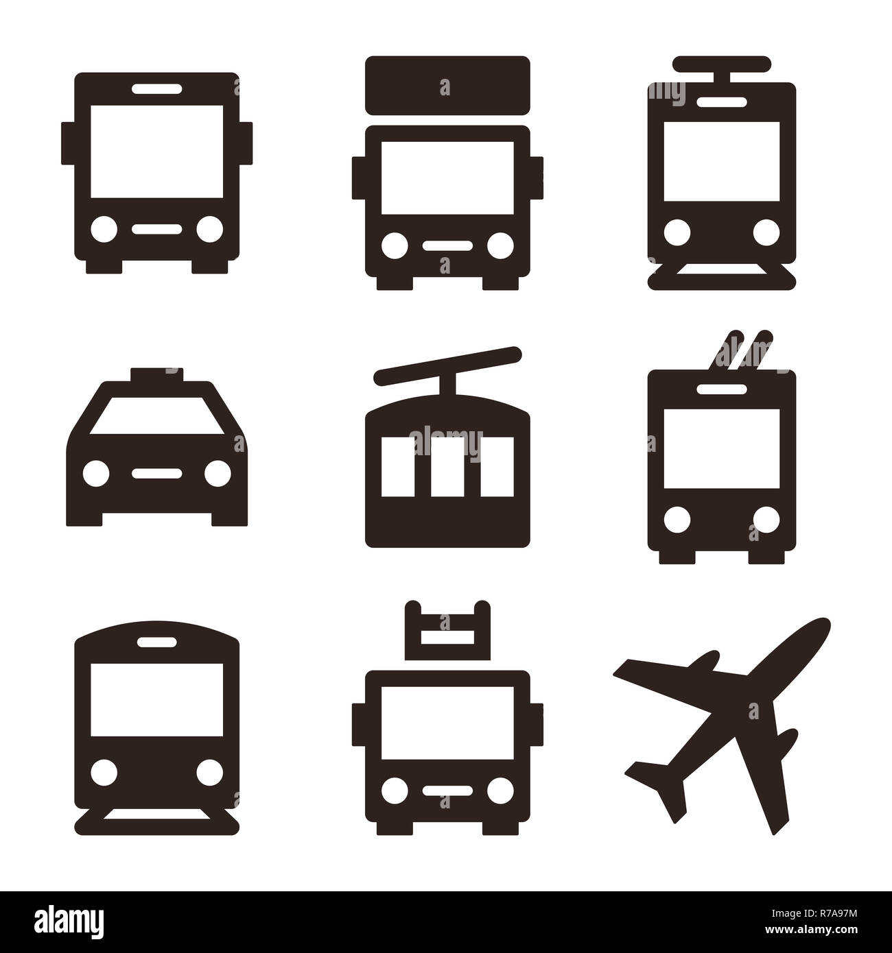 Public transport icons - bus, truck, streetcar, taxi, ropeway, trolley bus, train, fire truck and plane Stock Photo