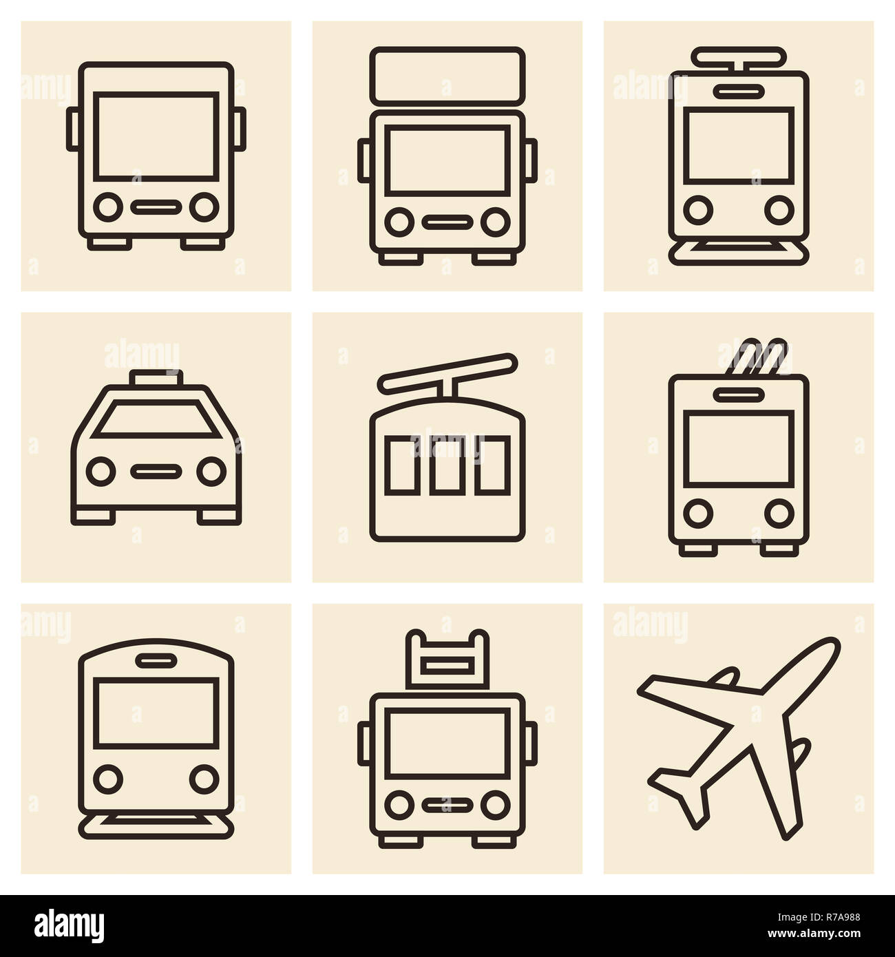 Public transport icons - bus, truck, streetcar, taxi, ropeway, trolley bus, train, fire truck and plane Stock Photo