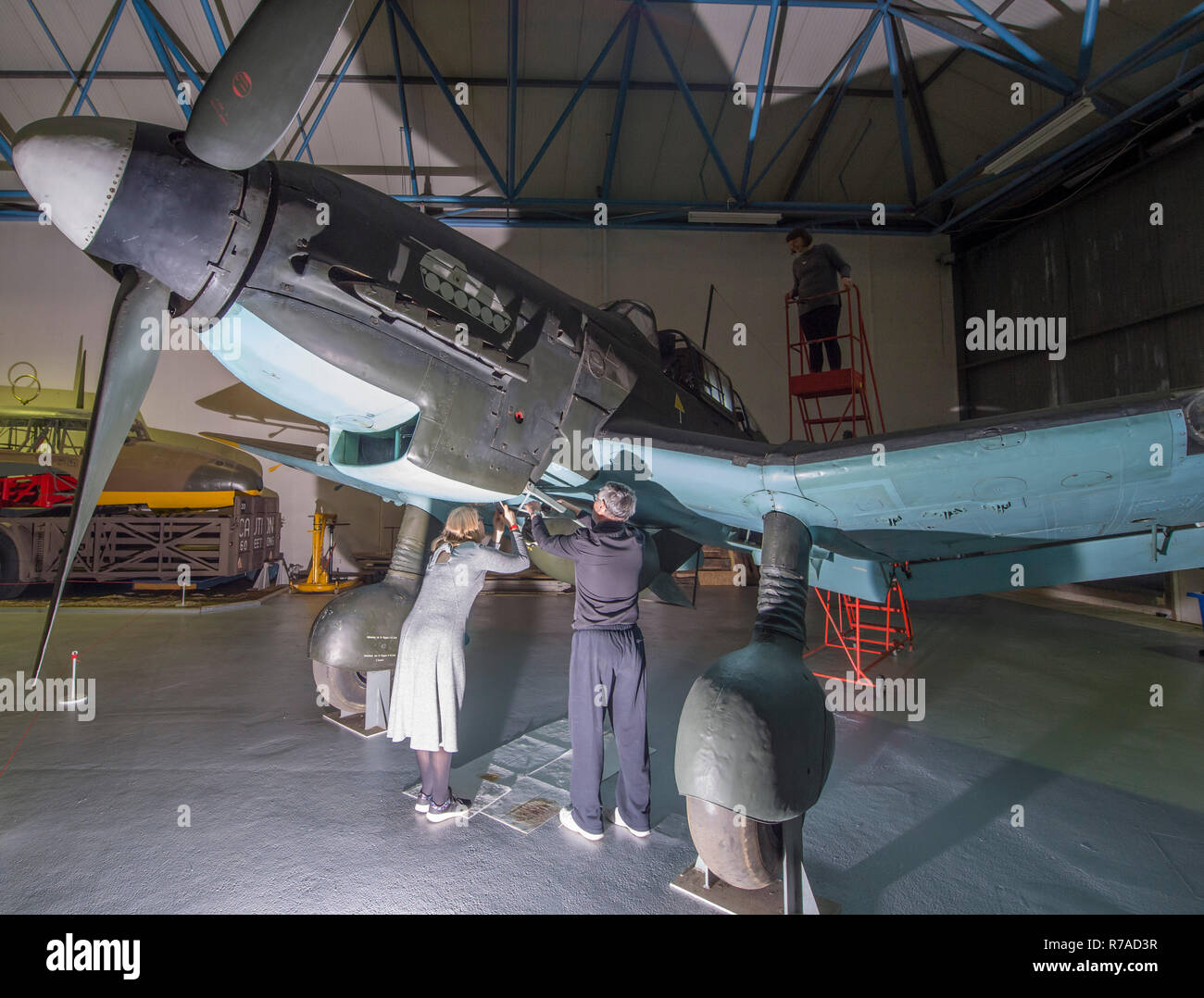 RAF Museum, London, UK. 8 December, 2018. To celebrate 100 years since the formation of the RAF, RAF Museum London offer visitors the last chance to get a closer look inside 14 cockpits and vehicles from the RAF Museum collection including a Hawker Hurricane, Hawker Typhoon, Liberator, Stuka (pictured) and Bristol Beaufort. Credit: Malcolm Park/Alamy Live News. Stock Photo