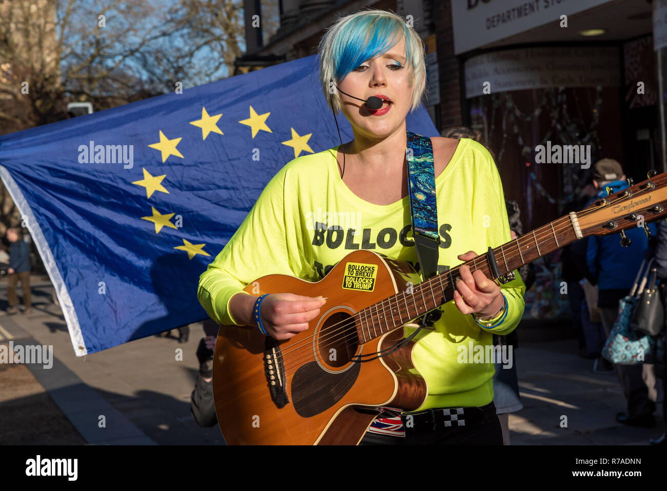 Oxford, UK. 8th December 2018. The Bollocks to Brexit Bus Tour visit to Oxford was greeted by Peoples Vote and Remain anti Brexit campaigners. The aim of the Bollocks to Brexit  campaign was to motivate people to write letters to their MPs demanding a final say, and to become more active in the campaign to stop Brexit. Campaigners marched from Oxford Railway Station to Cornmarket Street in the town centre, where a rally took place. Boris Johnson impersonator Drew Galdon, FauxBoJo, and Madeleina Kay, EU Supergirl, entertained and put over the campaigns message. Credit: Stephen Bell/Alamy Live N Stock Photo