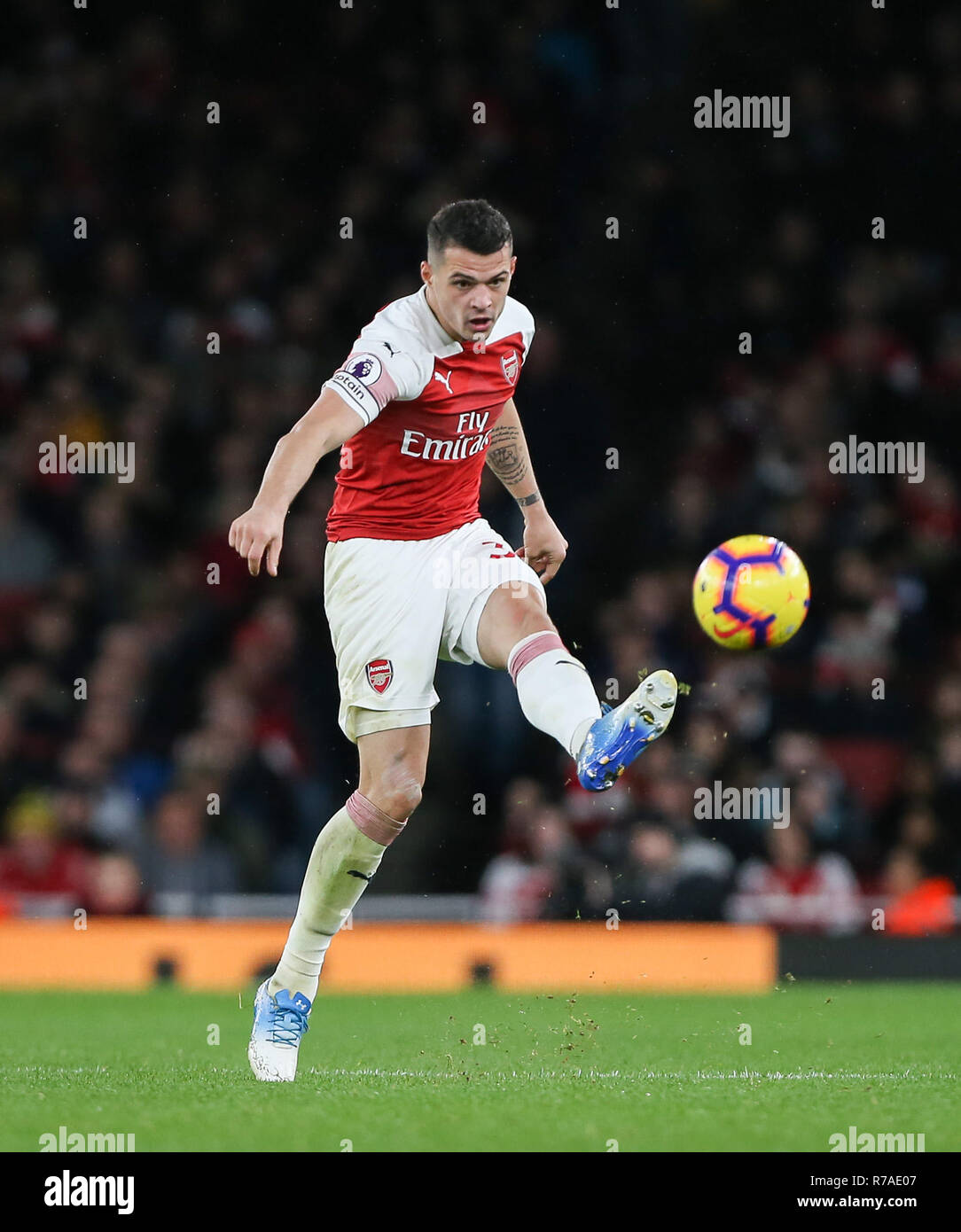 Granit Xhaka of Arsenal passes the ball during the Premier League match between Arsenal and Huddersfield Town at Emirates Stadium on December 8th 2018 in London, England. (Photo by Arron Gent/phcimages.com) Stock Photo