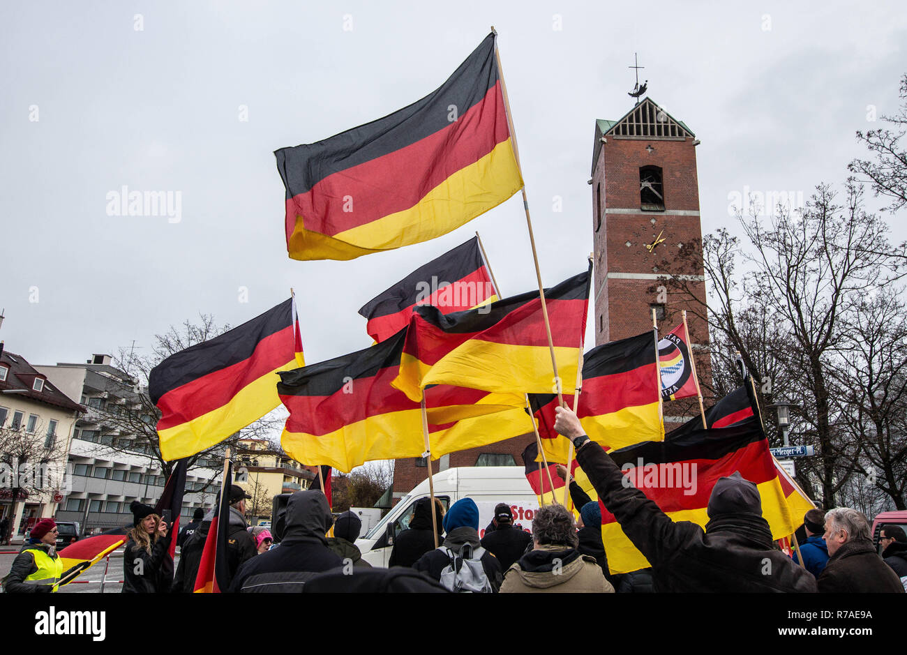 Munich, Bavaria, Germany. 8th December, 2018. Right-extremists and populists with Pegida demonstrate in front of the Dankeskirche in Munich's Milberthofen district. The Church is known for its stance against right-extremism. Pegida Dresden in Munich, the self-proclaimed original Pegida, organized a rally in the city's Milberthofen district in front of the Dankeskirche (Thanks Church) of Munich. Headed by Michael Stuerzenberger, the group rallied against the United Nations Migration Pact. Cred Credit: ZUMA Press, Inc./Alamy Live News Stock Photo