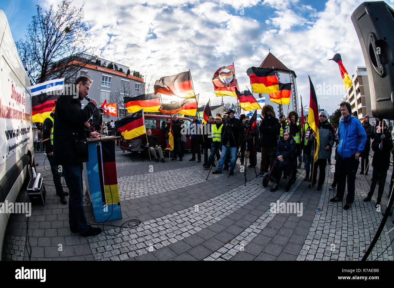 Munich, Bavaria, Germany. 8th December, 2018. Pegida Dresden in Munich, the self-proclaimed original Pegida, organized a rally in the city's Milberthofen district in front of the Dankeskirche (Thanks Church) of Munich. Headed by Michael Stuerzenberger, the group rallied against the United Nations Migration Pact. Speaking with Stuerzenberger was Gernot Tegetmeyer from the Nuremburg Pegida circles, who are likewi Credit Credit: ZUMA Press, Inc./Alamy Live News Stock Photo