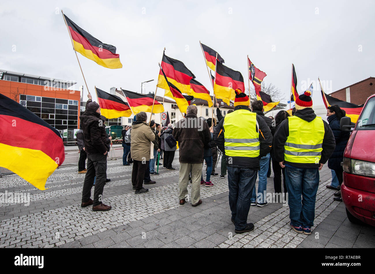 Munich, Bavaria, Germany. 8th December, 2018. Right-extremists and populists with Pegida demonstrate in front of the Dankeskirche in Munich's Milberthofen district. The Church is known for its stance against right-extremism. Pegida Dresden in Munich, the self-proclaimed original Pegida, organized a rally in the city's Milberthofen district in front of the Dankeskirche (Thanks Church) of Munich. Headed by Michael Stuerzenberger, the group rallied against the United Nations Migration Pact. Cred Credit: ZUMA Press, Inc./Alamy Live News Stock Photo