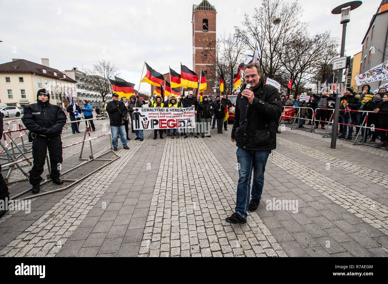 Munich, Bavaria, Germany. 8th December, 2018. Pegida Dresden in Munich, the self-proclaimed original Pegida, organized a rally in the city's Milberthofen district in front of the Dankeskirche (Thanks Church) of Munich. Headed by Michael Stuerzenberger, the group rallied against the United Nations Migration Pact. Speaking with Stuerzenberger was Gernot Tegetmeyer from the Nuremburg Pegida circles, who are likewi Credit Credit: ZUMA Press, Inc./Alamy Live News Stock Photo