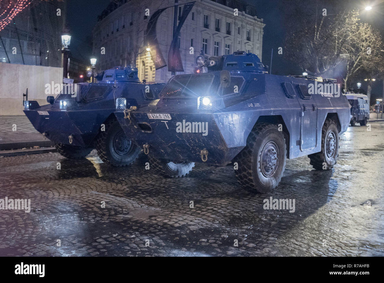 Yellow vests - Avenue des Champs-Elysees in Paris December 8, 2018 - The police use the armored gendarmerie. Stock Photo