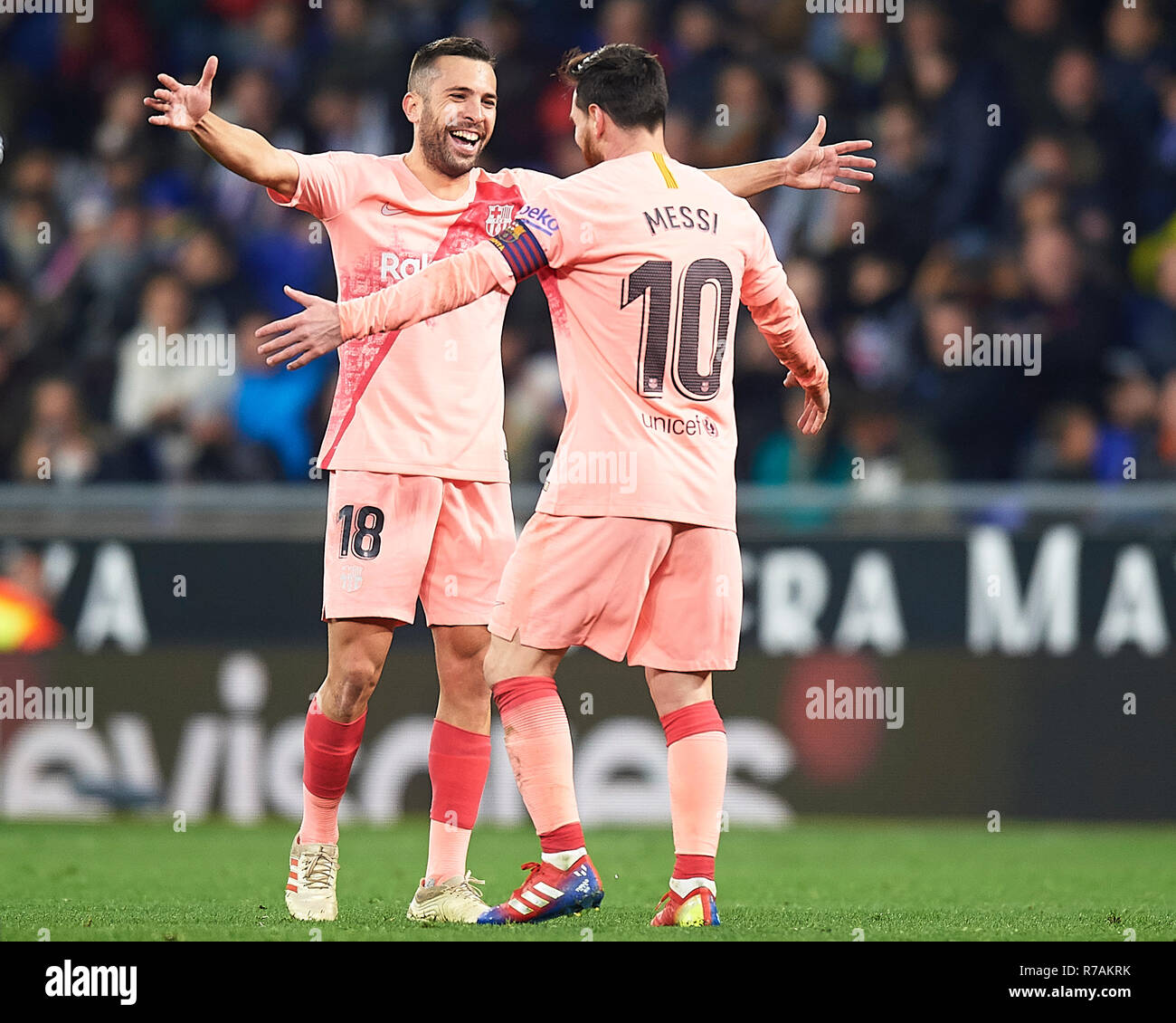 Barcelona, Spain. 8th December 2018. Espanyol-Barcelona. Lionel Messi of FC  Barcelona celebrates his second goal