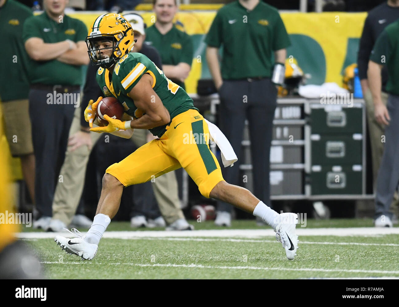 December 8, 2018: North Dakota State Bison tight end Ben Ellefson (82) and  teammates celebrate a touch down during a NCAA FCS playoff quarter final  football game between the Colgate University Raiders