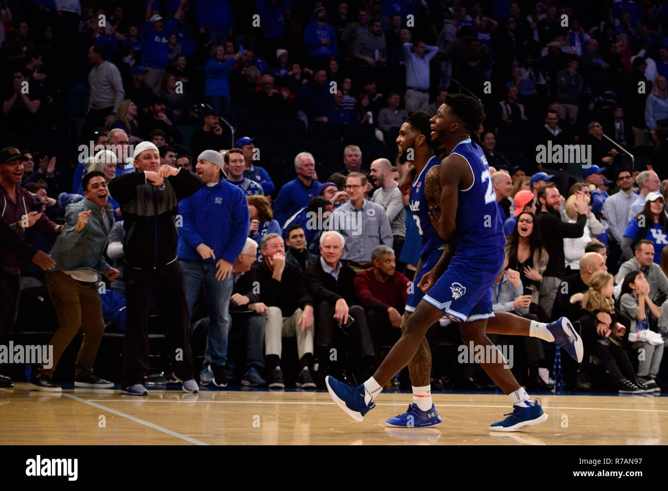 Overtime. 08th Dec, 2018. Seton Hall Pirates guard Myles Powell (13) celebrates along with Seton Hall Pirates guard Myles Cale (22) after hitting a three with 1.5 seconds left on the clock during The Citi Hoops Classic between The Seton Hall Pirates and Kentucky Wildcats at Madison Square Garden, New York, New York. The Seton Hall Pirates defeat The Kentucky Wildcats 84-83 in overtime. Mandatory credit: Kostas Lymperopoulos/CSM/Alamy Live News Stock Photo