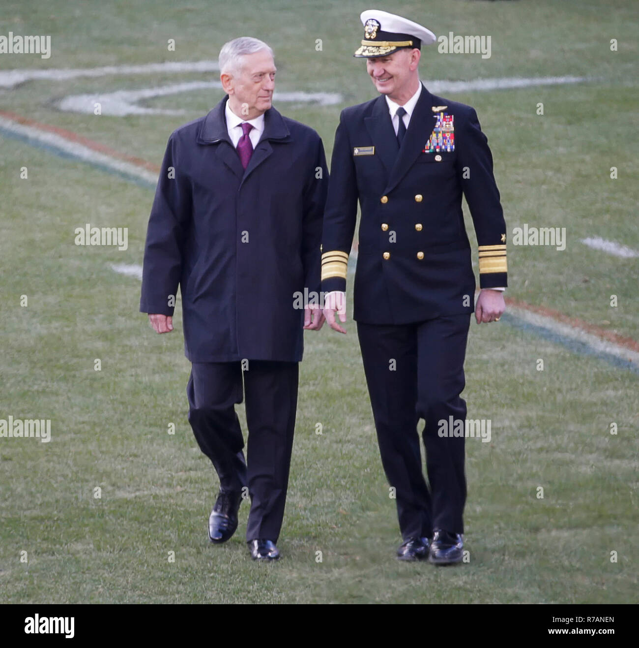 Philadelphia, USA. 8th Dec, 2018. Secretary of Defense, Jim Mattis, and Superintendent of the Naval Academy, Vice Admiral Walter E. Carter Jr., walk toward Navy's bench before the 119th Army Navy game at Lincoln Financial Field in Philadelphia, USA. Justin Cooper/CSM/Alamy Live News Stock Photo