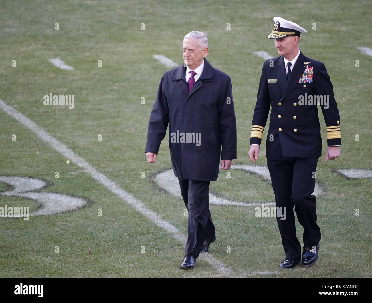 Philadelphia, USA. 8th Dec, 2018. Secretary of Defense, Jim Mattis, and Superintendent of the Naval Academy, Vice Admiral Walter E. Carter Jr., walk toward Navy's bench before the 119th Army Navy game at Lincoln Financial Field in Philadelphia, USA. Justin Cooper/CSM/Alamy Live News Stock Photo