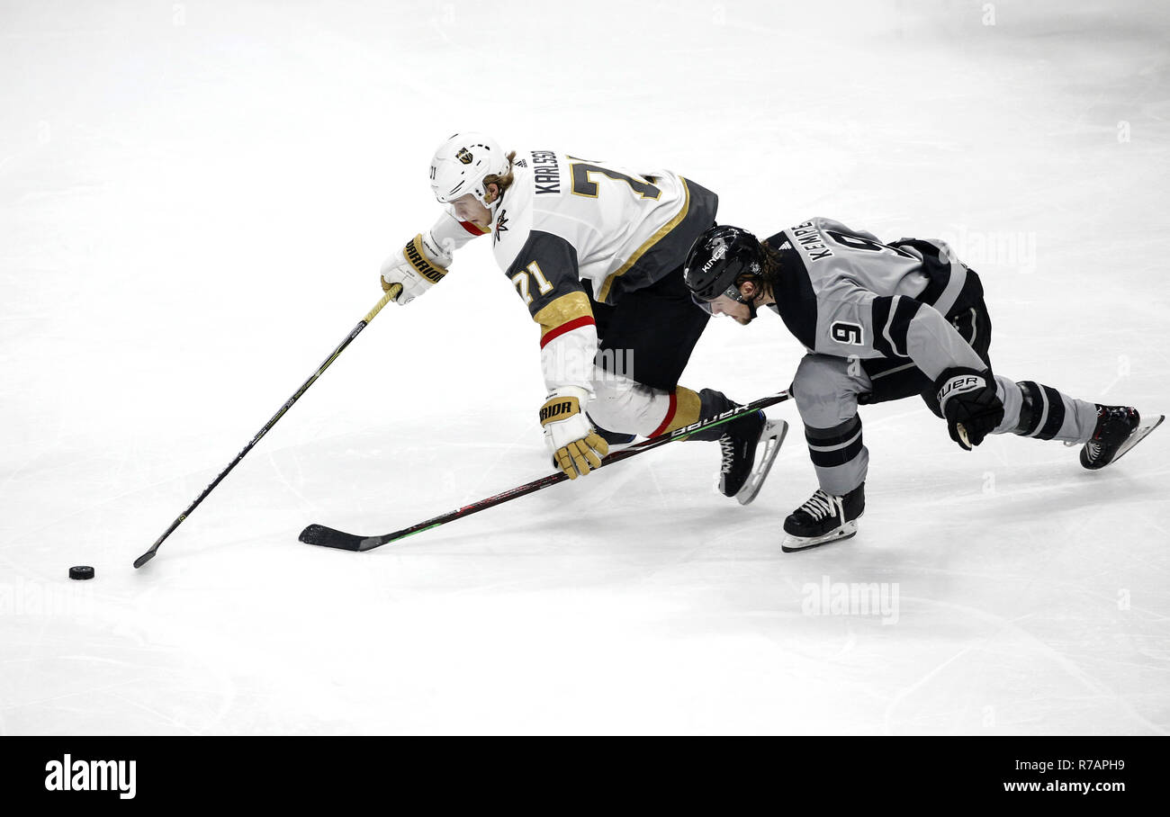 Los Angeles, California, USA. 8th Dec, 2018. Vegas Golden Knights forward William Karlsson (71) and Los Angeles Kings forward Adrian Kempe (9) vie for the the puck during a 2018-2019 NHL hockey game in Los Angeles, on December 8, 2018. Los Angeles Kings won 5-1. Credit: Ringo Chiu/ZUMA Wire/Alamy Live News Stock Photo