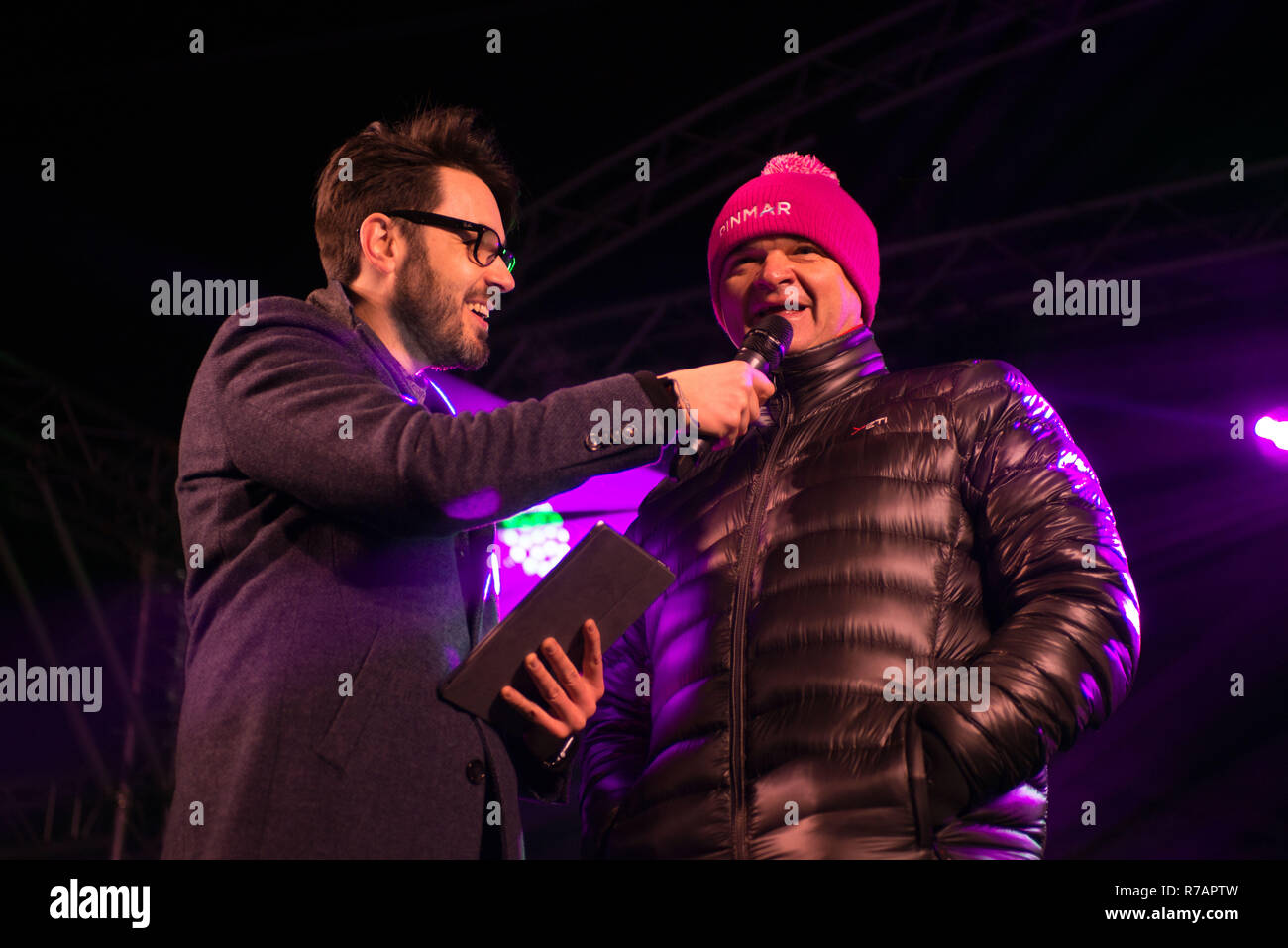 Aberdeen, UK. 8th Dec 2018. Sleep in the Park . Open championship winning golfer Paul Lourie is interviewed on stage before joining in with the sleep  Credit Paul Glendell Credit: Paul Glendell/Alamy Live News Stock Photo