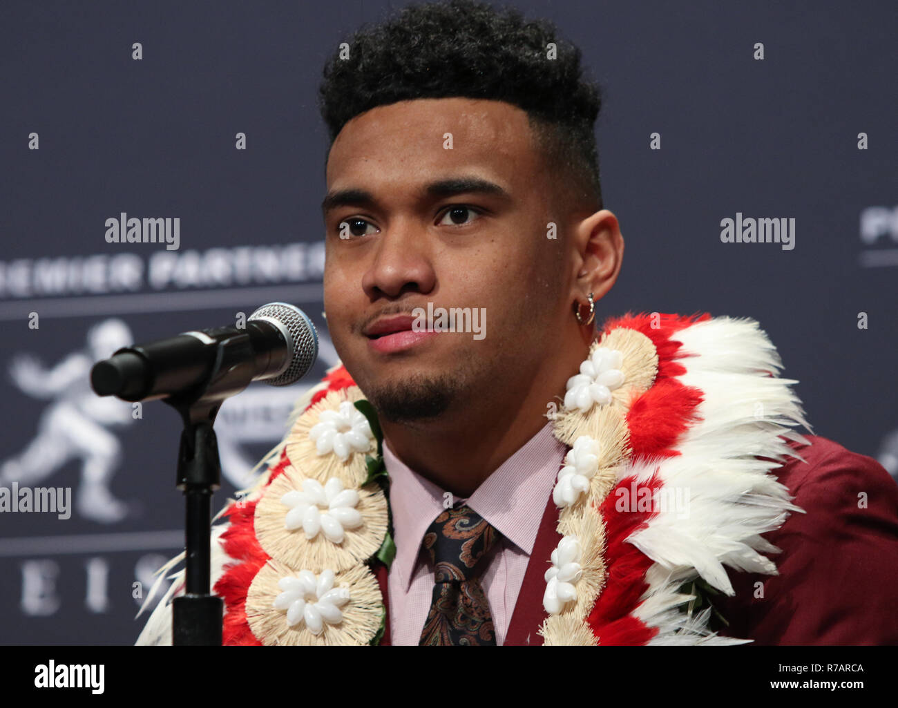 New York, USA. 8th Dec 2018.  (L-R) Alabama Crimson Tide quarterback Tua Tagovailoa during a press conference before the Heisman Trophy ceremony on December 8, 2018 at the Marriott Marquis in New York City. Credit: AKPhoto/Alamy Live News Stock Photo