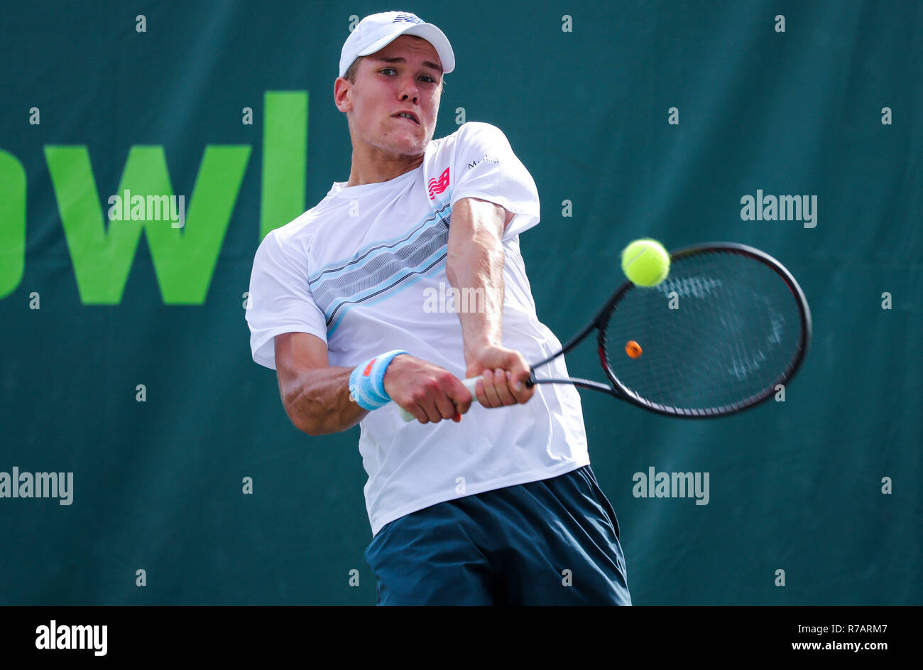 Plantation, Florida, USA. 08th Dec, 2018. Otto Virtanen, from Finland,  plays in the BS18 semifinal of the 2018 Orange Bowl Junior International  Tennis Championships played at the Frank Veltri Tennis Center in