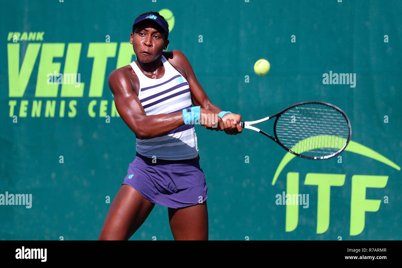 Plantation, Florida, USA. 08th Dec, 2018. Cori Gauff, from the USA, plays  in the GS18 semifinal of the 2018 Orange Bowl Junior International Tennis  Championships played at the Frank Veltri Tennis Center