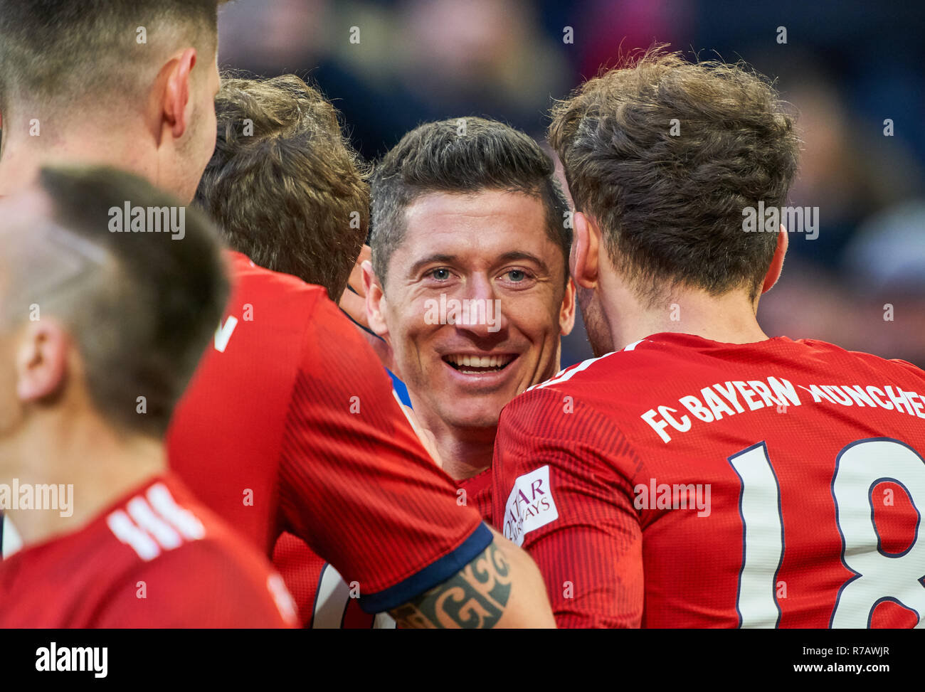 Germany, Berlin. 8th Dec 2018. Robert LEWANDOWSKI, FCB 9 celebrates his goal for  , happy, laugh, 1-0 with Leon GORETZKA, FCB 18  FC BAYERN MUNICH - 1.FC NUREMBERG  - DFL REGULATIONS PROHIBIT ANY USE OF PHOTOGRAPHS as IMAGE SEQUENCES and/or QUASI-VIDEO -  1.German Soccer League , Munich, December 08, 2018  Season 2018/2019, matchday 14, FCB, 1.FC Nürnberg © Peter Schatz / Alamy Live News Stock Photo
