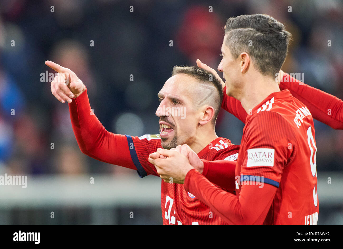 Germany, Berlin. 8th Dec 2018. Franck RIBERY, FCB 7 celebrates his goal for  , happy, laugh, 3-0 with Robert LEWANDOWSKI, FCB 9  FC BAYERN MUNICH - 1.FC NUREMBERG  - DFL REGULATIONS PROHIBIT ANY USE OF PHOTOGRAPHS as IMAGE SEQUENCES and/or QUASI-VIDEO -  1.German Soccer League , Munich, December 08, 2018  Season 2018/2019, matchday 14, FCB, 1.FC Nürnberg © Peter Schatz / Alamy Live News Stock Photo