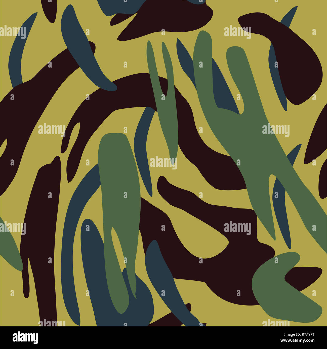 Camouflage pattern background seamless vector illustration. Classic military clothing style. Camo repeat texture shirt print. Grey khaki black yellow colors forest texture Stock Photo