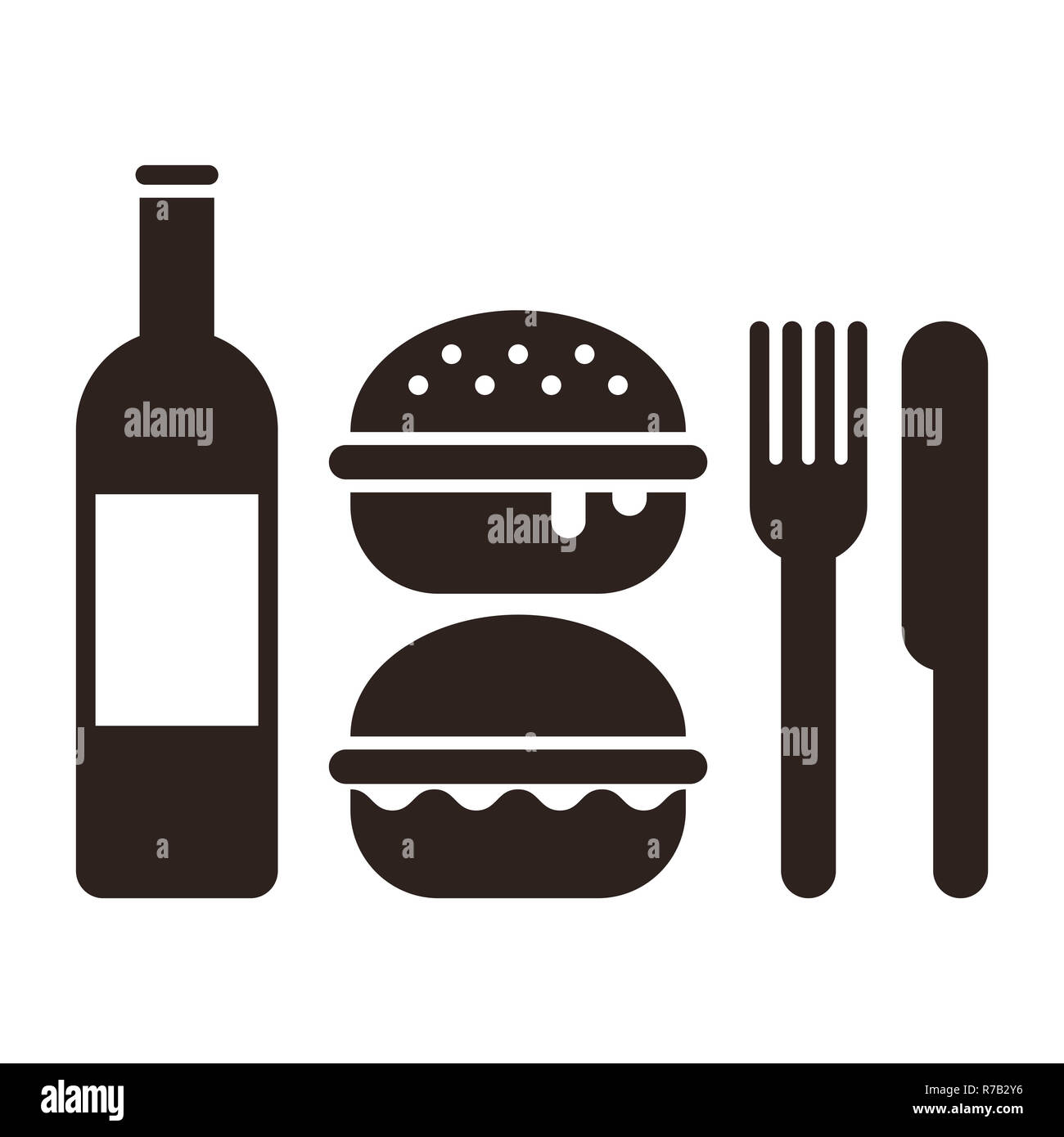 Burgers, knife, fork and bottle. Fast food symbol isolated on white background Stock Photo