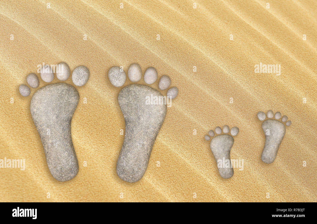 small and large feet of stone in the sand Stock Photo