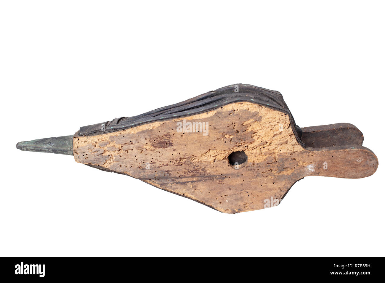 Old Wooden bellows with wood worm holes on white background Stock Photo