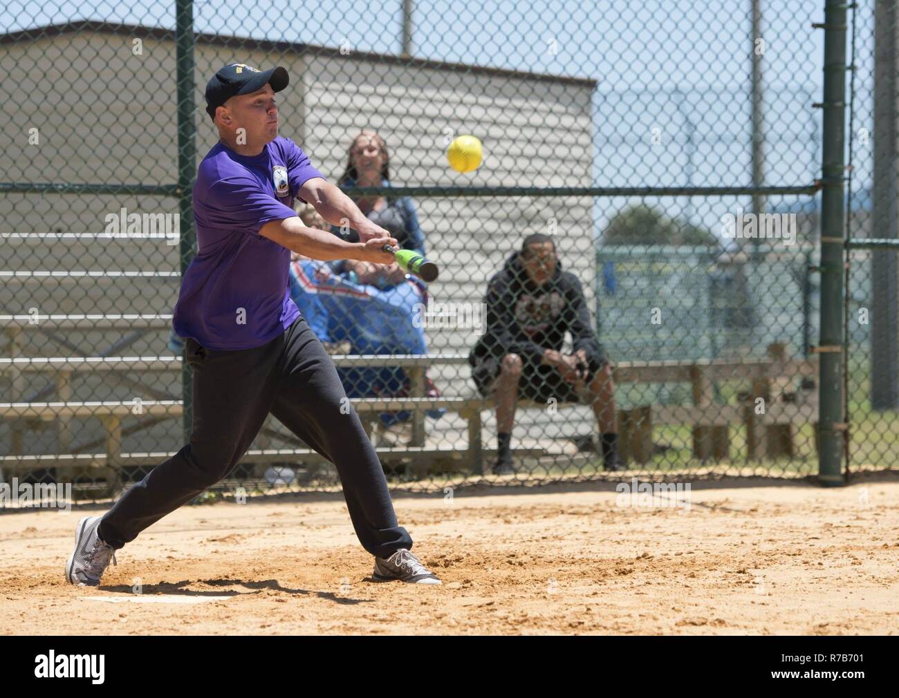 MAYPORT, Fla. (May 5, 2017) – Logistics Specialist 2nd Class Kevin Ortega swings at a pitch during a softball game between the amphibious assault ship USS Iwo Jima’s (LHD 7) Wardroom and Second Class Petty Officer Association (SCPOA).  The game was held as part of a tournament between the ship’s Wardroom, First Class Petty Officer Association, Chief Petty Officer Association & SCPOA to build camaraderie and morale among the ship’s crew. Stock Photo