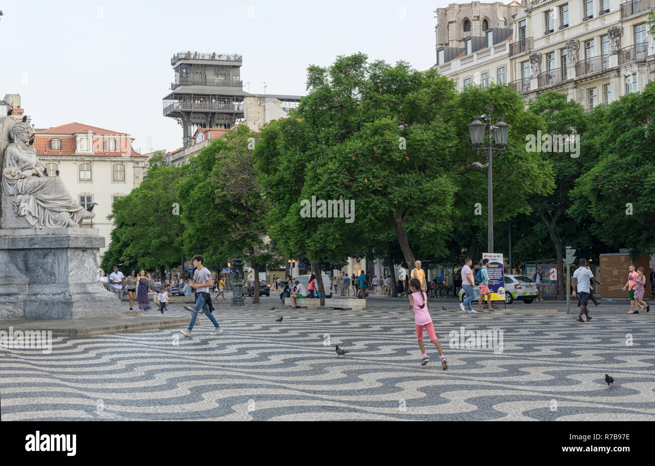 LISBON, PORTUGAL - August 30, 2018: Rossio Square. The terrace and walkway of the Santa Justa Lift, with the upper level kiosk and Convent of Our Lady Stock Photo