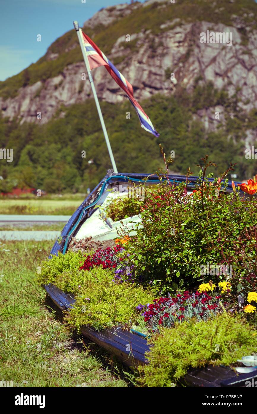 Garden Decor Flowers At The Boat Norway Stock Photo Alamy