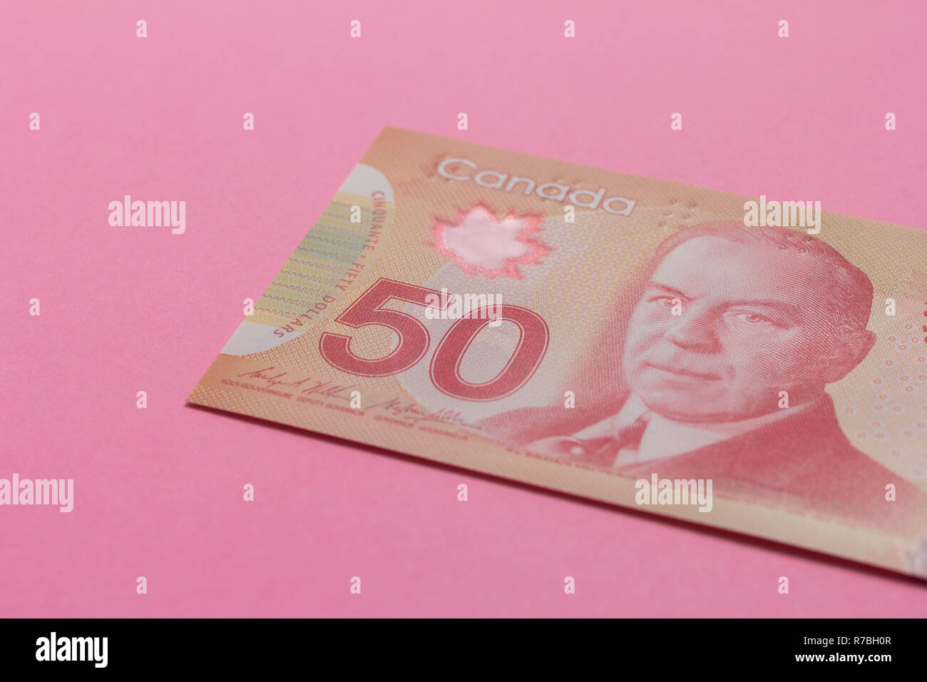 Paper notes from Canada. Dollar. Canadian cash. Bills on colorful