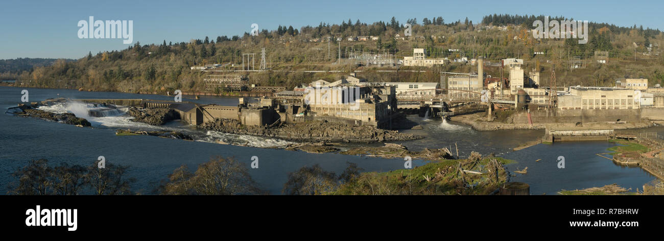 Panorama of Willamette Falls on Willamette River, historic (now abandoned) industrial area of Oregon City, Oregon Stock Photo